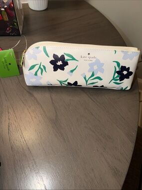 kate spade White Floral Zip Pouch with Navy & Green Accents